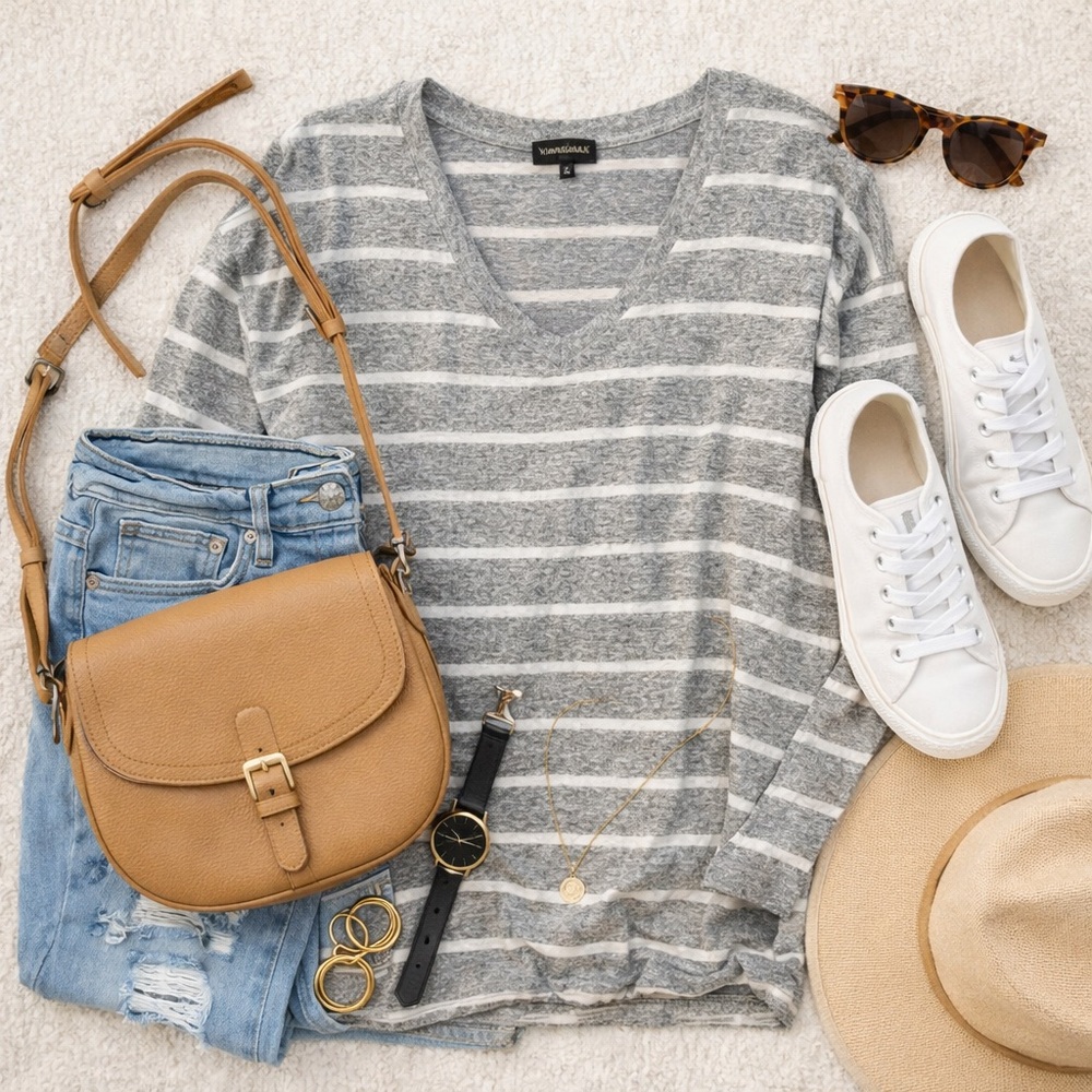 Gray and White Striped V-Neck Long Sleeve Top -Medium